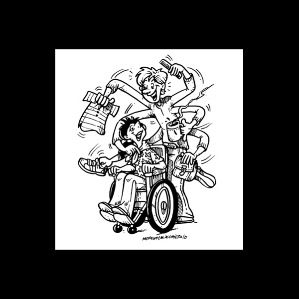 Vignetta con un assistente personale che passa a una donna in carrozzina un paio di scarpe, una maglietta, un pettine, una tazza fumante e una borsa