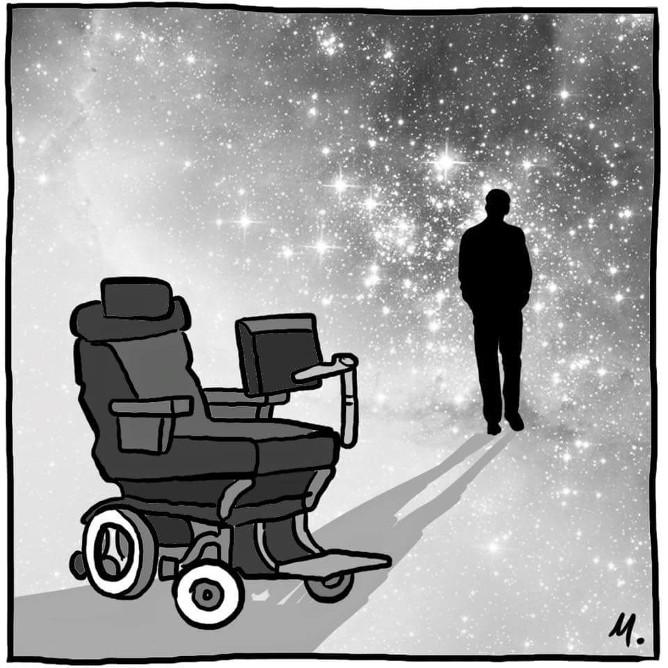 Vignetta di Mitchell Toy in cui ci sono la carrozzina di Stephen Hawking vuota in primo piano e la silhouette di un uomo in piedi, di spalle, che cammina verso le stelle, e la cui ombra è proiettata sulla carrozzina.