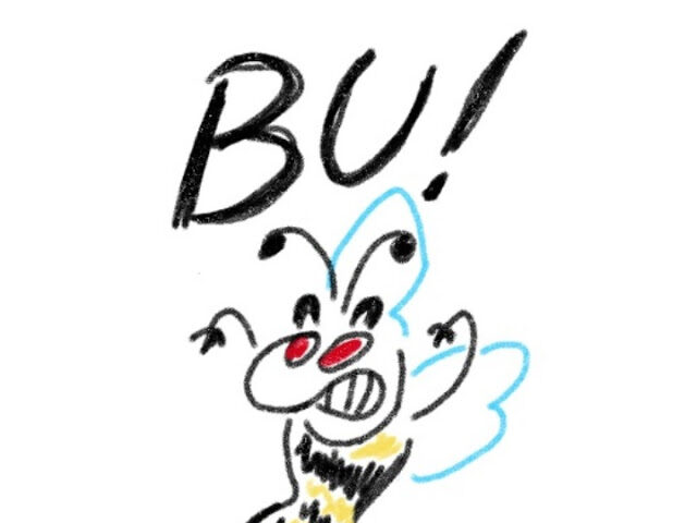 un'illustrazione stilizzata di un calabrone che alza le braccia minaccioso e dice "BU!"