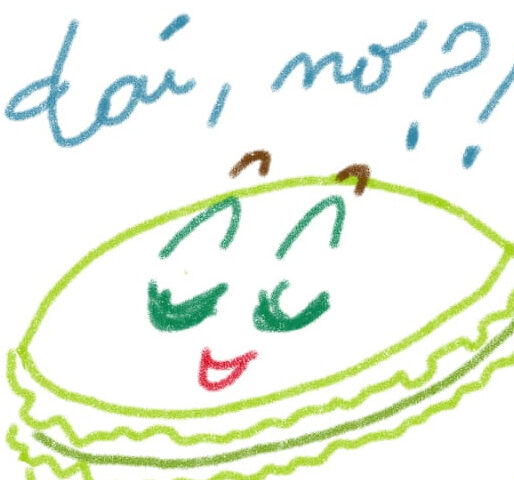 un'illustrazione stilizzata che rappresenta un macaron verde con occhi e bocca, con aria supponente e un fumetto che dice "Dai, no?!"