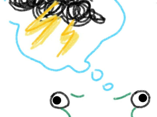 disegno stilizzato di due occhi contornati di verde e un fumetto con dentro una nuvoletta nera e dei fulmini.