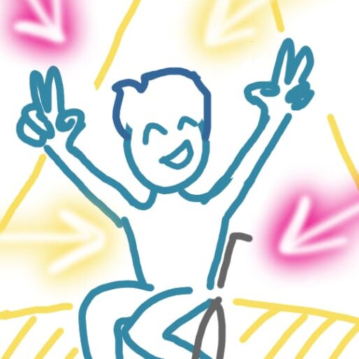 disegno stilizzato di una persona in carrozzina con i capelli blu, sotto un riflettore di luce gialla e indicata da delle frecce al gialle e rosa tipo neon. La persona sorride e fa dei segni di vittoria con le braccia alzate.