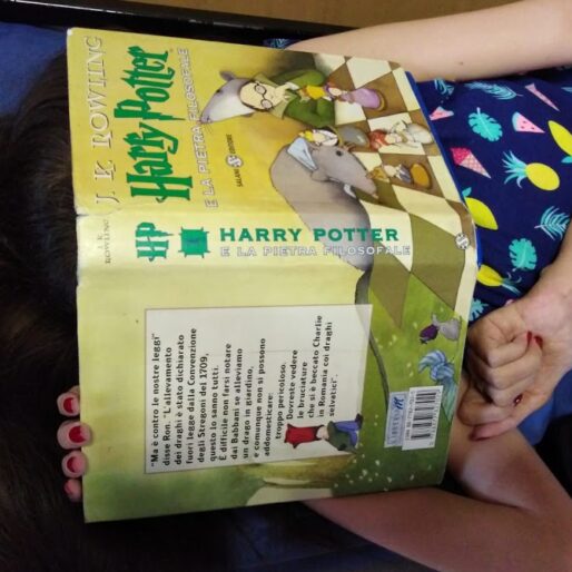 Elena è distesa sulla sua carrozzina, con il libro "Harry Potter e la Pietra Filosofale" caduto sulla faccia. Ha i capelli sciolti, lo smalto rosso e una maglietta blu con una stampa di frutta stilizzata.