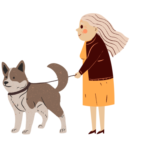 vignetta con il disegno di una donna e un cane al guinzaglio